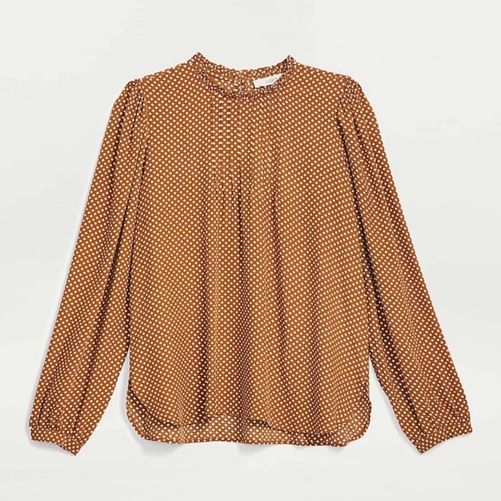 LOFT Dotted Pintucked Blouse Size Medium Brown Vivid Vicuna Career Workwear - Picture 3 of 9